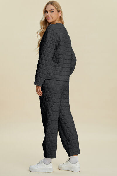 Double Take Full Size Texture Round Neck Long Sleeve Top and Pants Set 