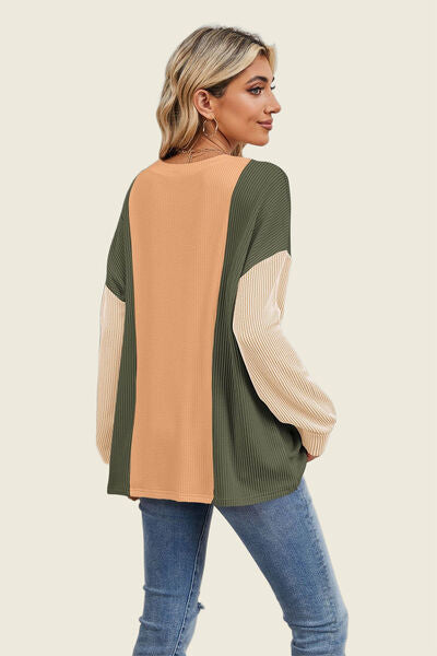 Double Take Texture Contrast Round Neck Long Sleeve T-Shirt 