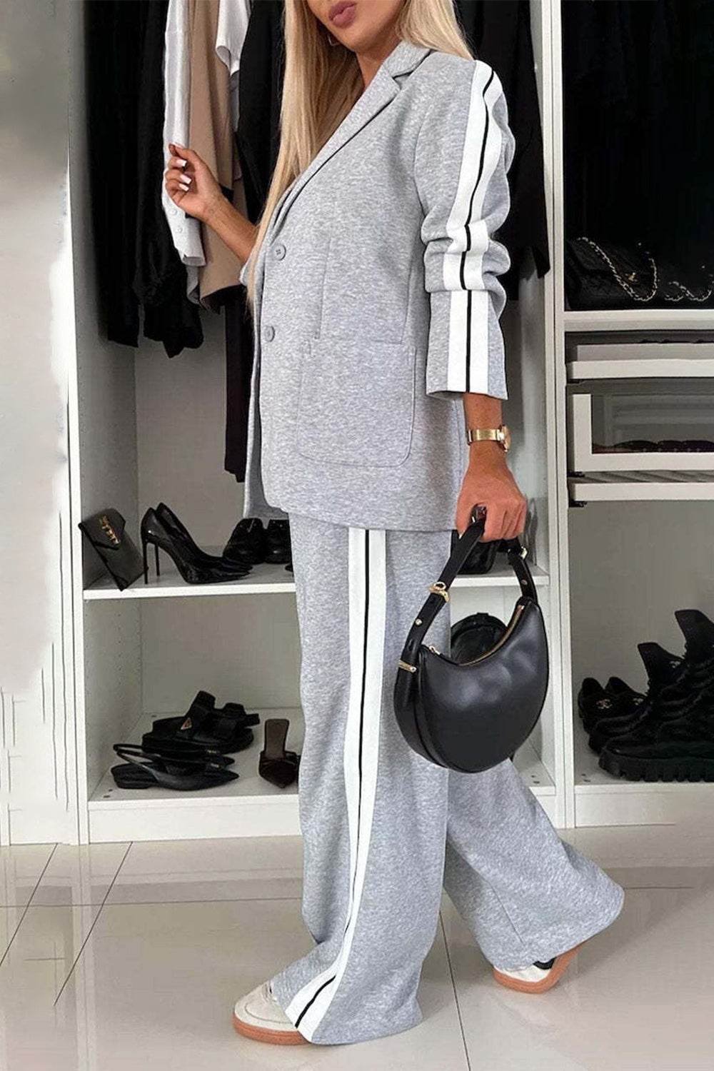 Full Size Contrast Lapel Collar Top and Pants Set 