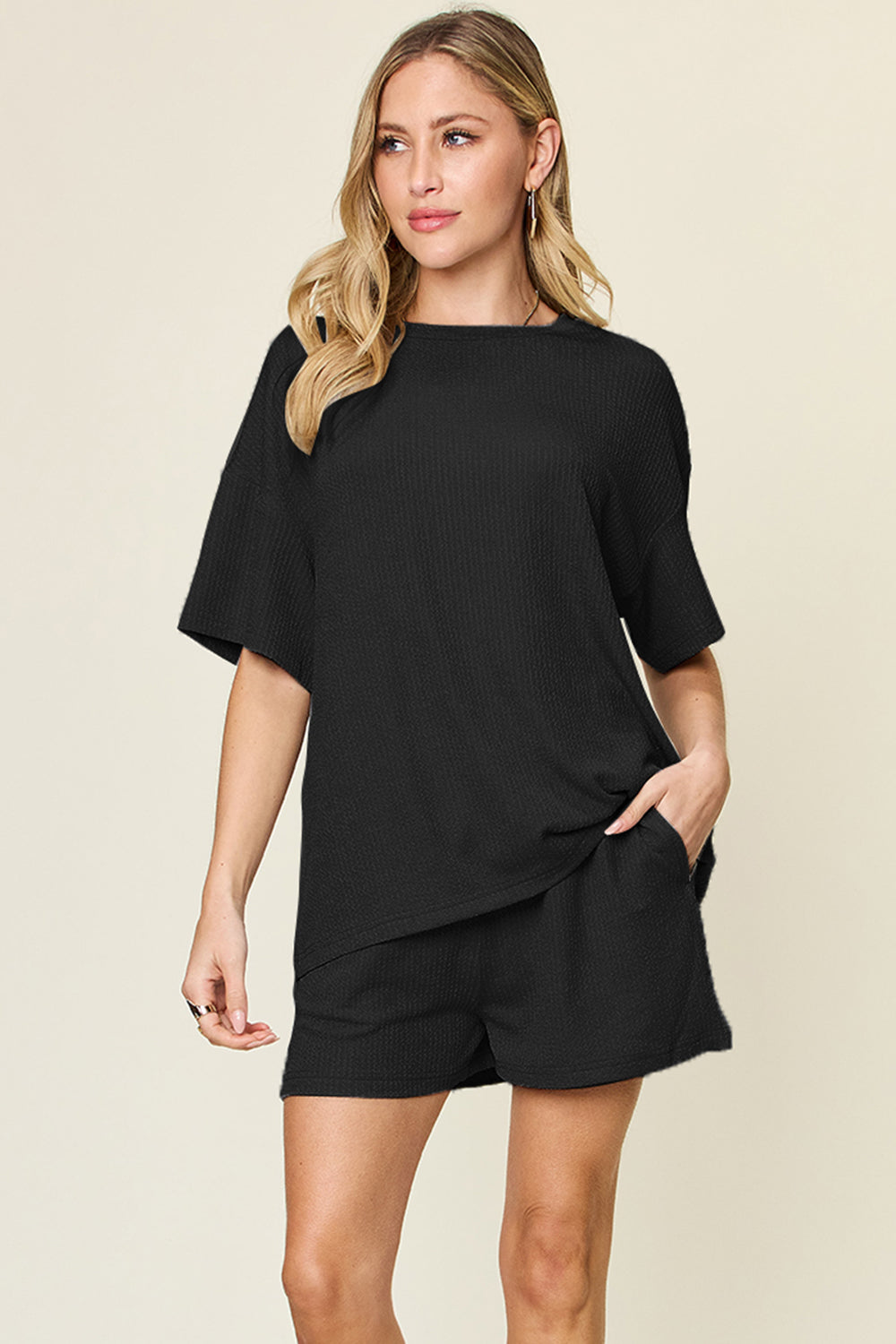 Double Take Basic style Round Neck Solid Set 