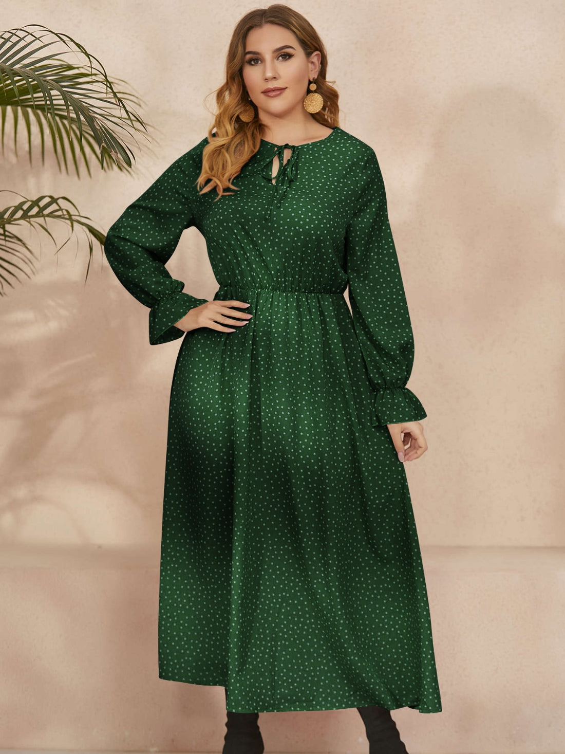 Honey Plus Size Ruffled Polka Dot Long Sleeve Midi Dress 