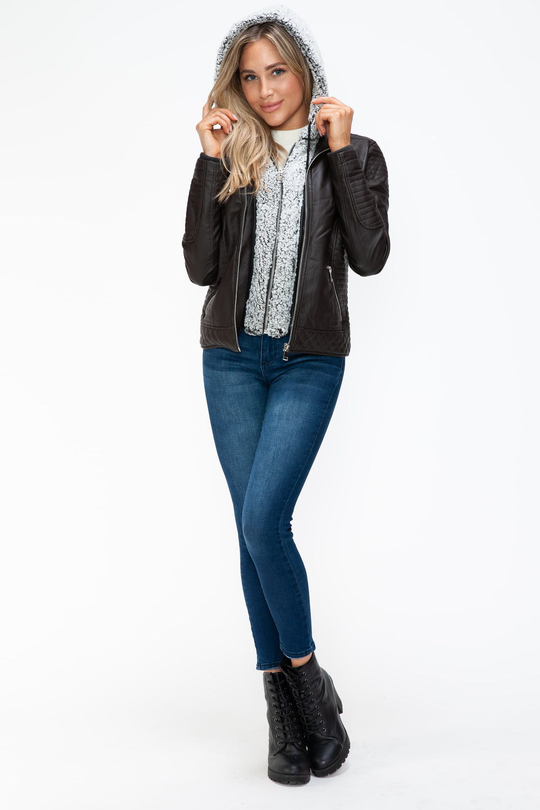 YMI Faux Layered Double-Zipper Jacket with Fuzzy Hood 