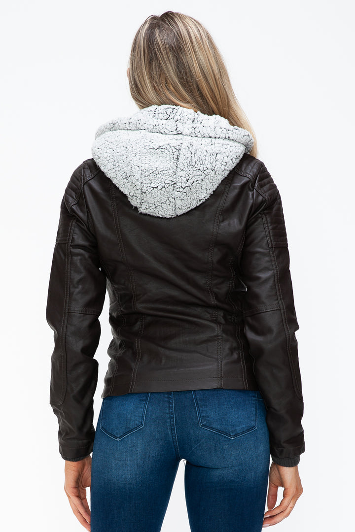 YMI Removable Faux Layered Multi-Pocket Jacket with Fuzzy Hood 