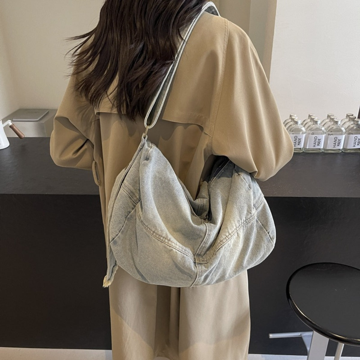 Adjustable Strap Denim Tote Bag 