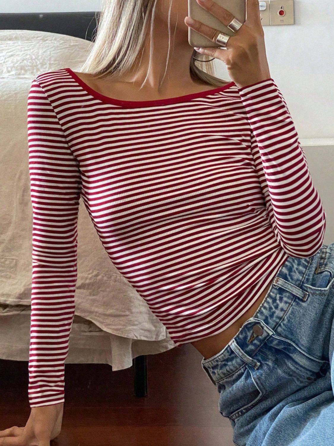 Devine Backless Striped Boat Neck Long Sleeve T-Shirt 