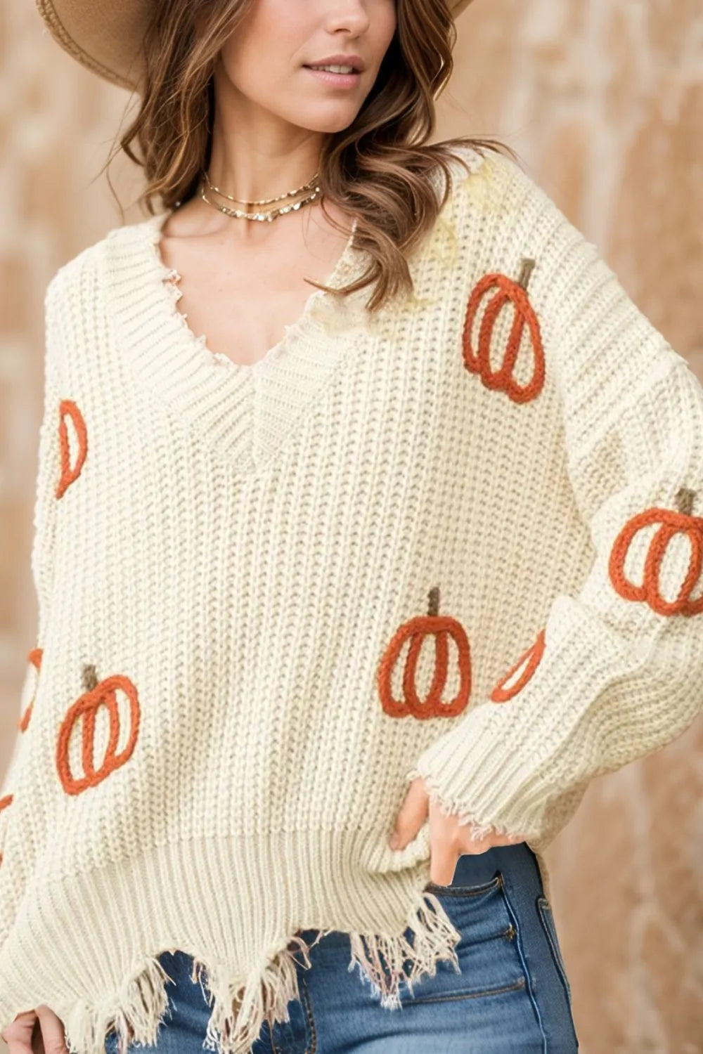 Raw Hem Pumpkin V-Neck Long Sleeve Sweater 