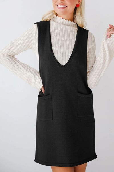 Lovelet Pocketed V-Neck Mini Sweater Overall Dress Dresses