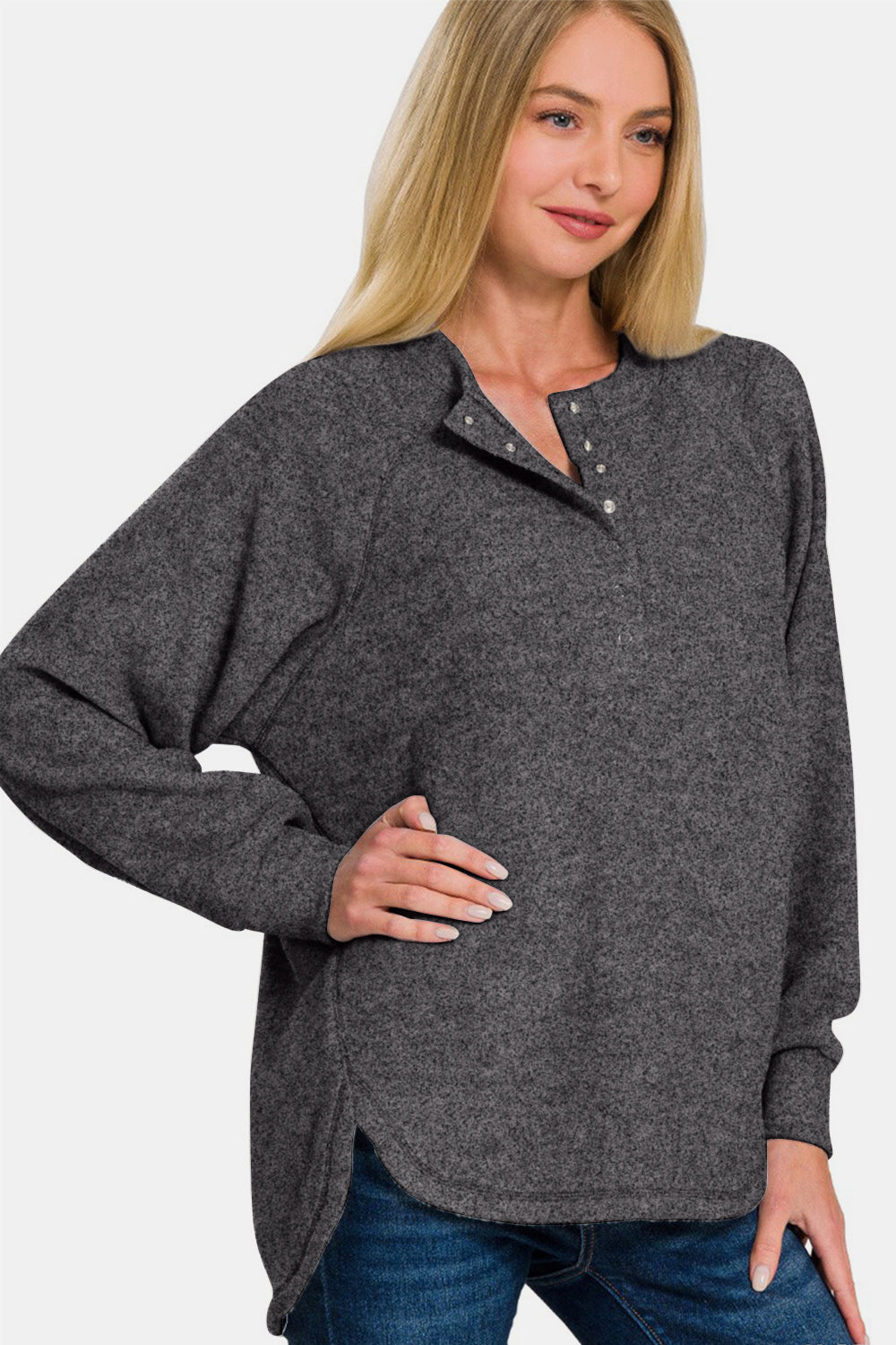 Zenana Full Size Brushed Melange Hacci High-Low Sweater 