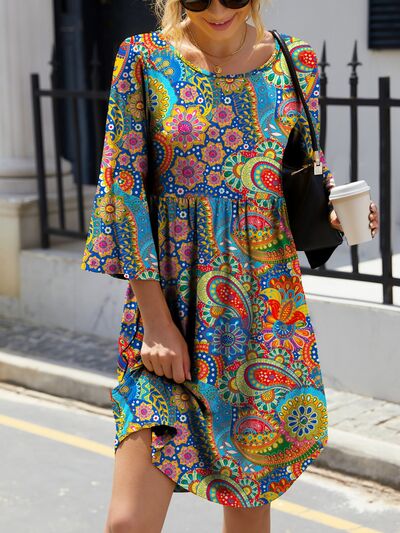 FAM-FAM Paisley Print Round Neck Three-Quarter Sleeve Dress Dresses