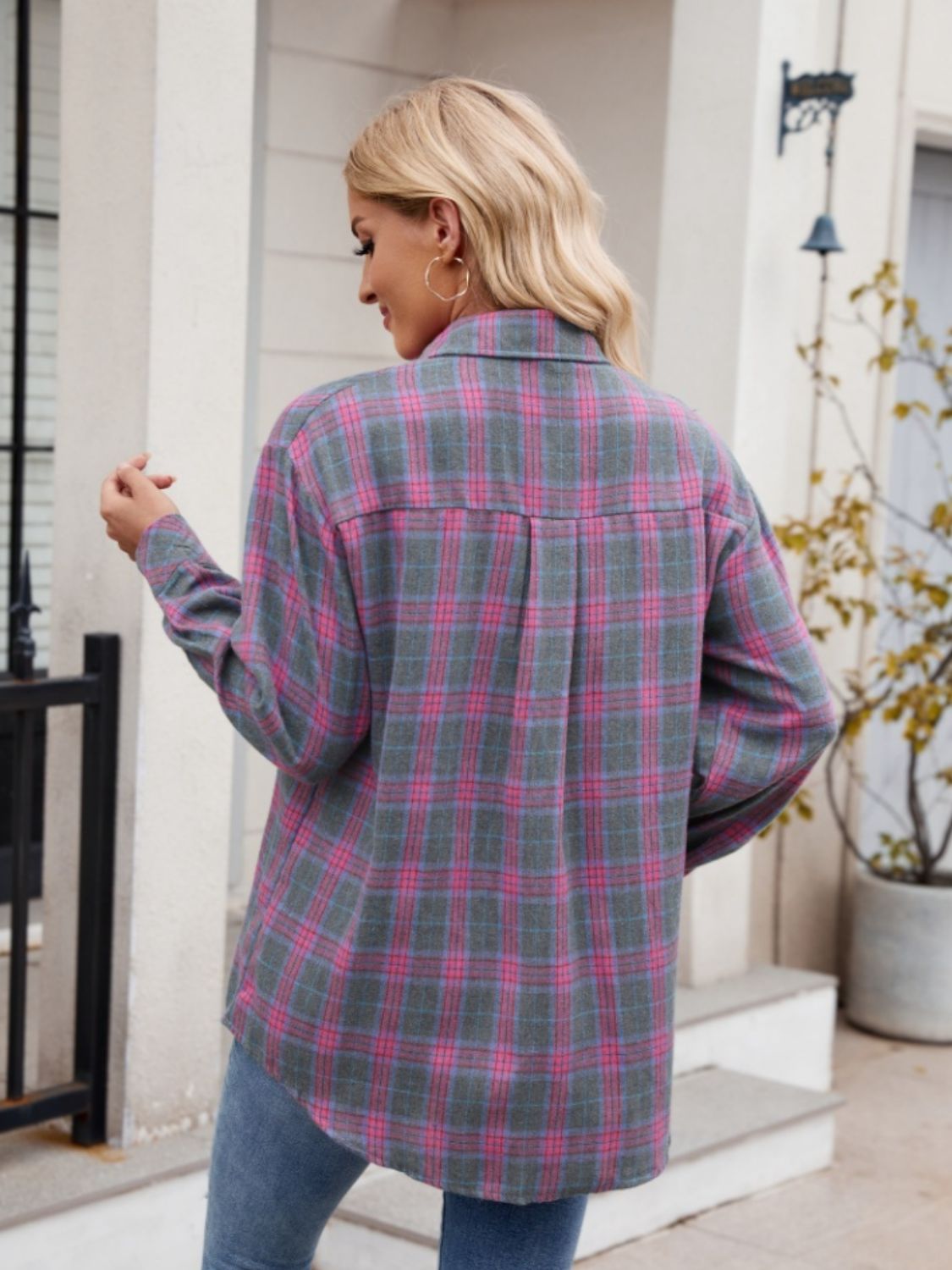 Mandy Pocketed Plaid Collared Neck Long Sleeve Shirt 