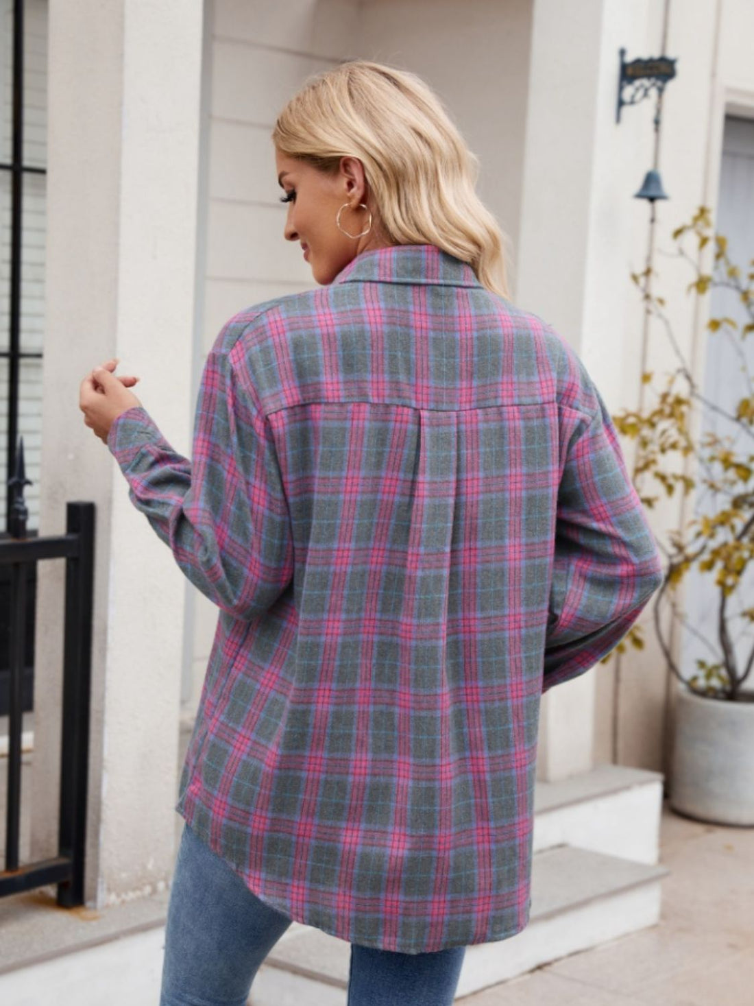 Mandy Pocketed Plaid Collared Neck Long Sleeve Shirt 