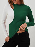 Cutout Contrast Mock Neck Long Sleeve T-Shirt 