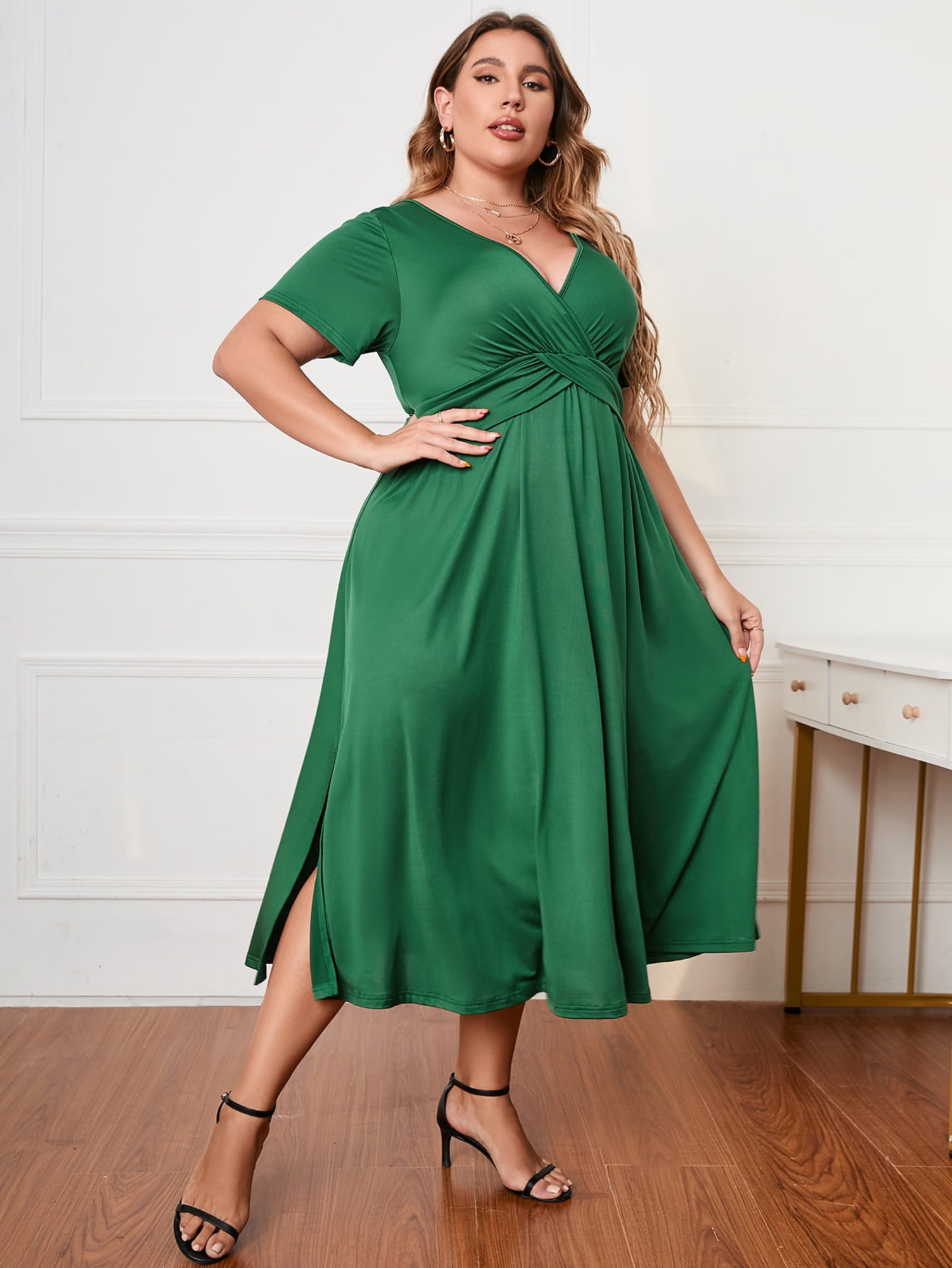 Honey Plus Size Short Sleeve Surplice Neck Midi Dress 