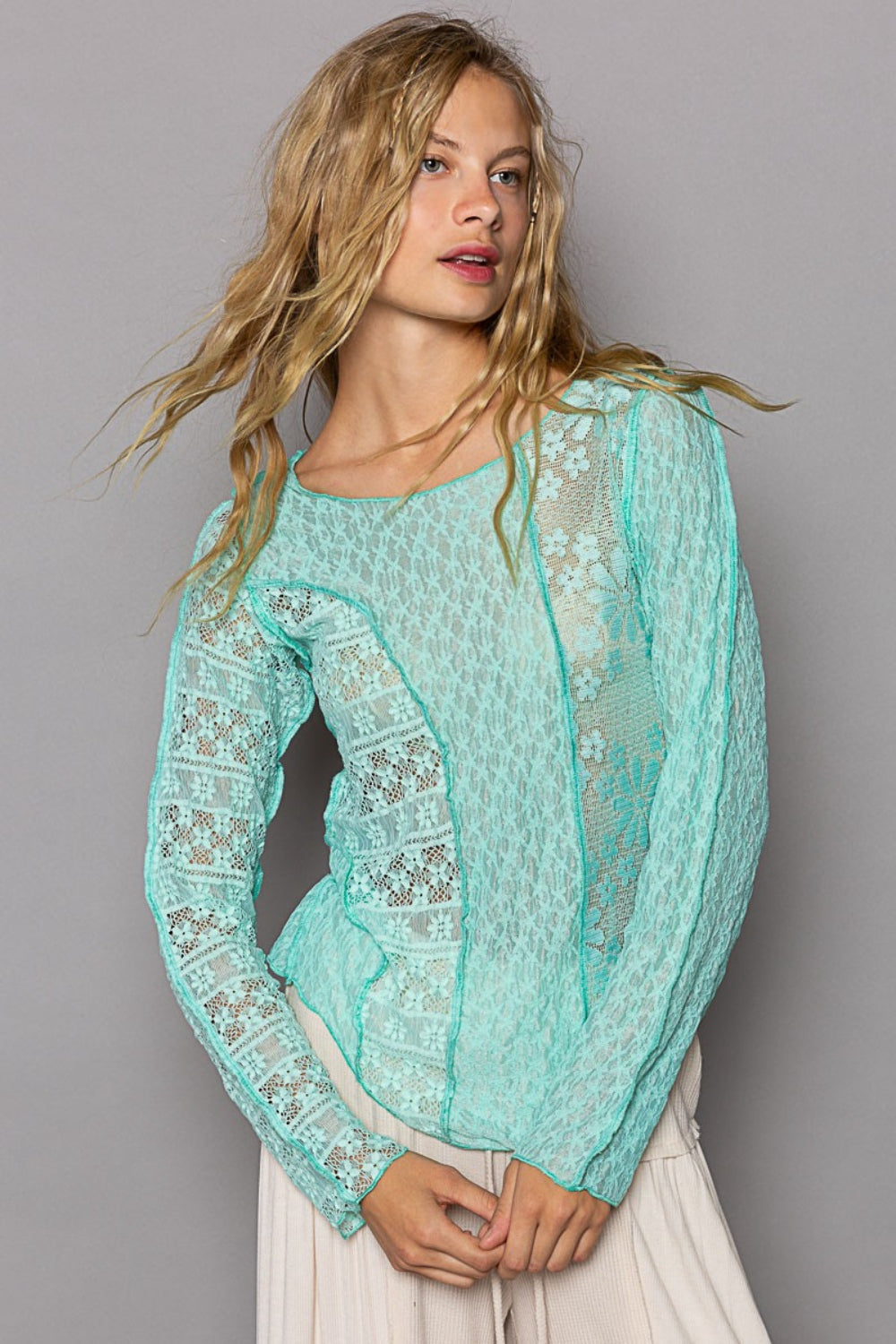 POL Exposed Seam Long Sleeve Lace Knit Top 