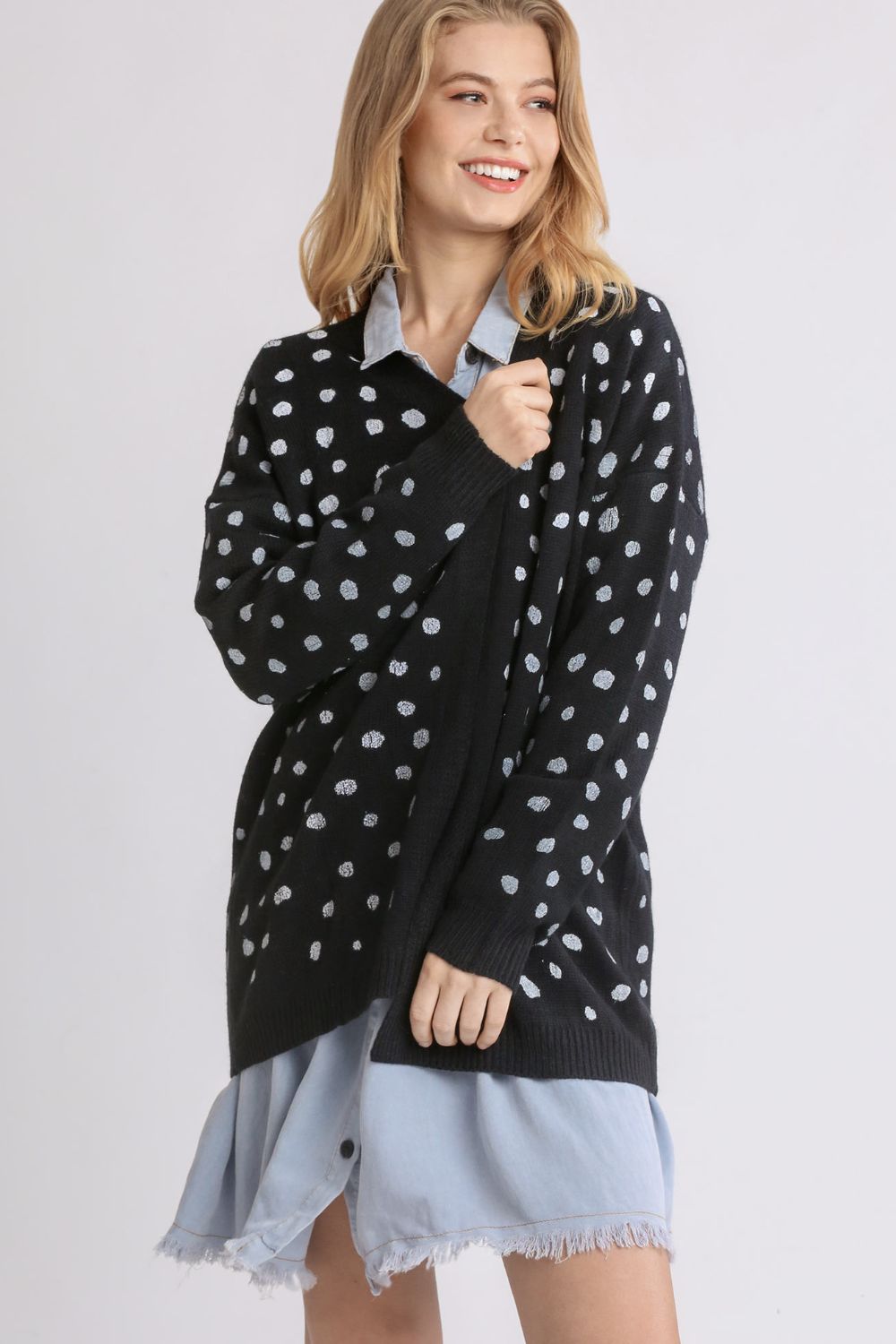 Umgee Polka Dot Open Front Drop Shoulder Cardigan 