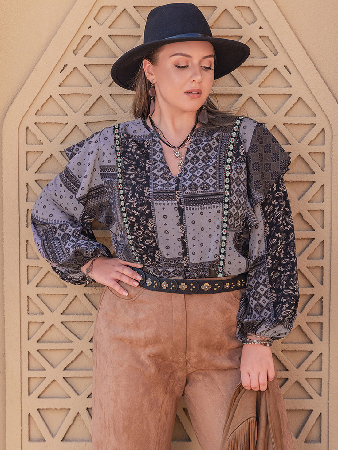 Plus Size Ruffled Printed Notched Long Sleeve Blouse 