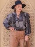 Plus Size Ruffled Printed Notched Long Sleeve Blouse 