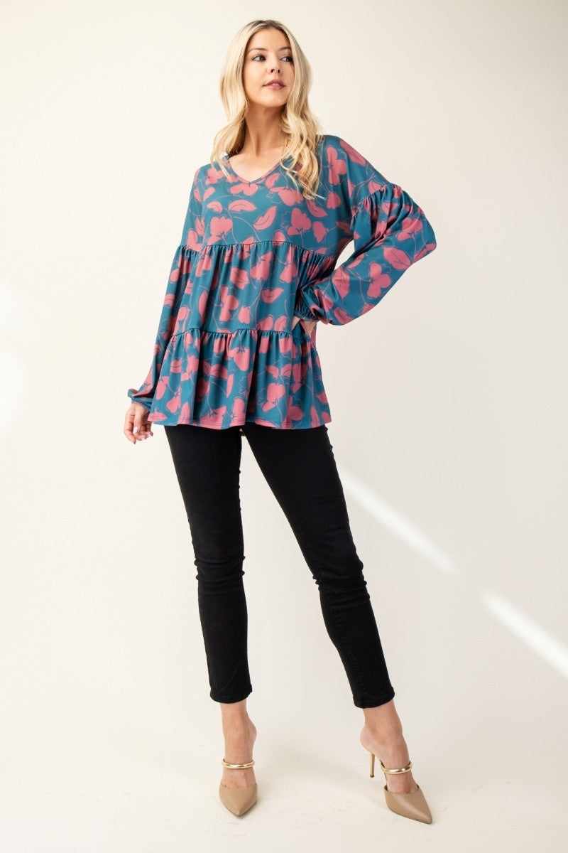 Celeste Full Size Tiered Floral V-Neck Long Sleeve Blouse 