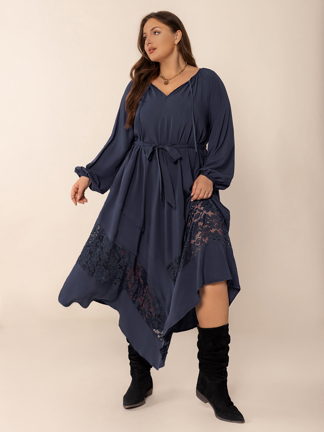 Plus Size Lace Detail Tie Neck Long Sleeve Midi Dress 