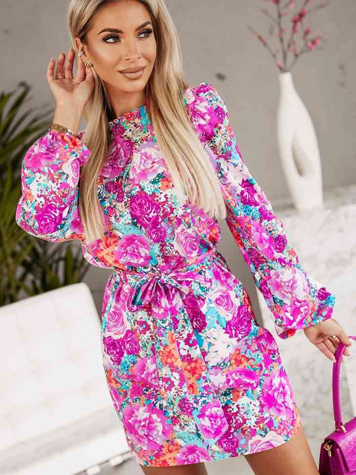 Floral Print Round Neck Long Sleeve Dress Dresses