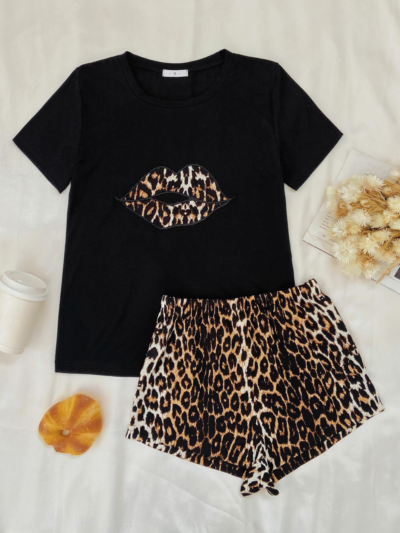 Leopard Lip Graphic Top and Shorts Lounge Set Lingerie & Nightwear