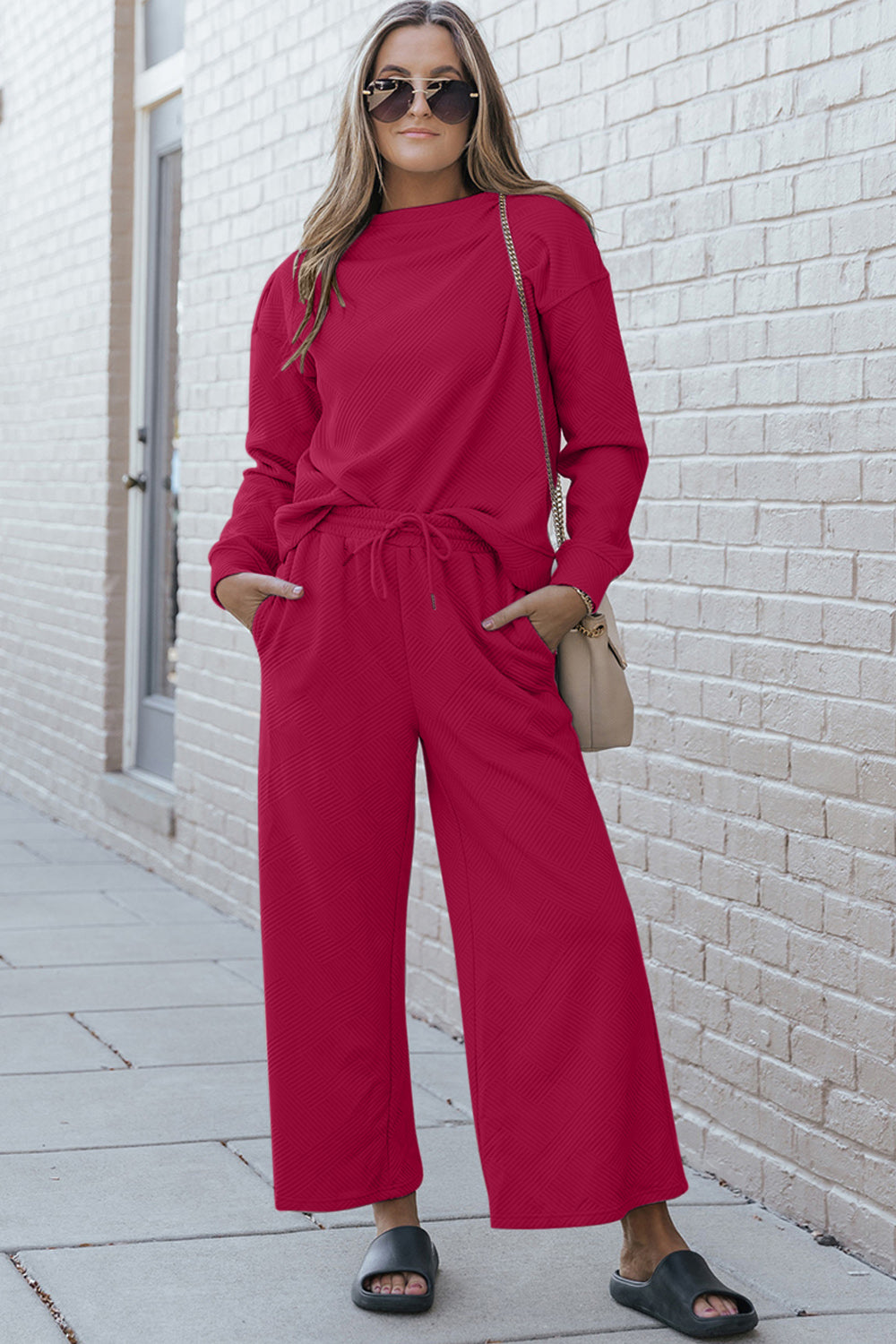 Double Take Full Size Textured Long Sleeve Top and Drawstring Pants Set 