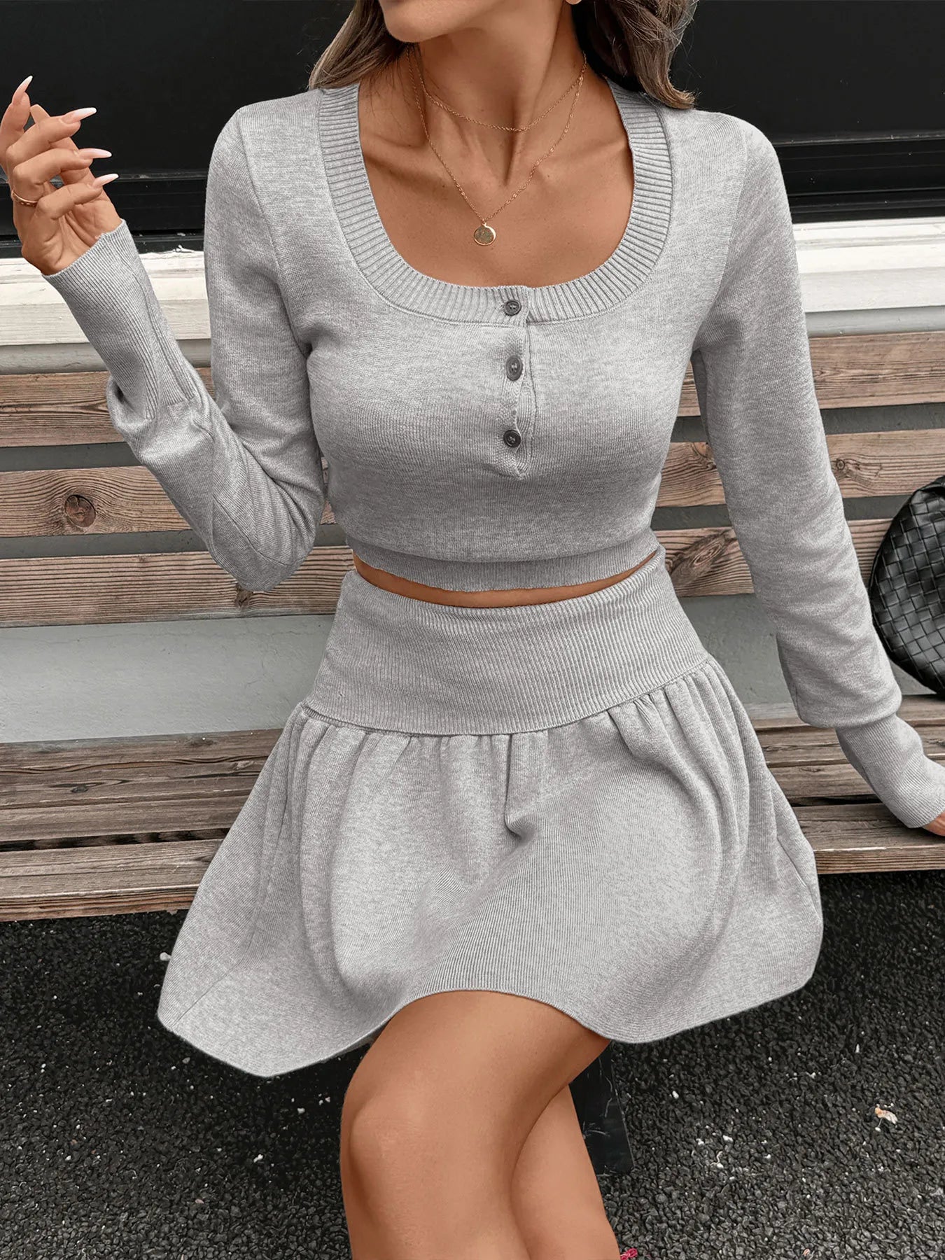 Ribbed Long Sleeve Top and Skirt Knit Set 