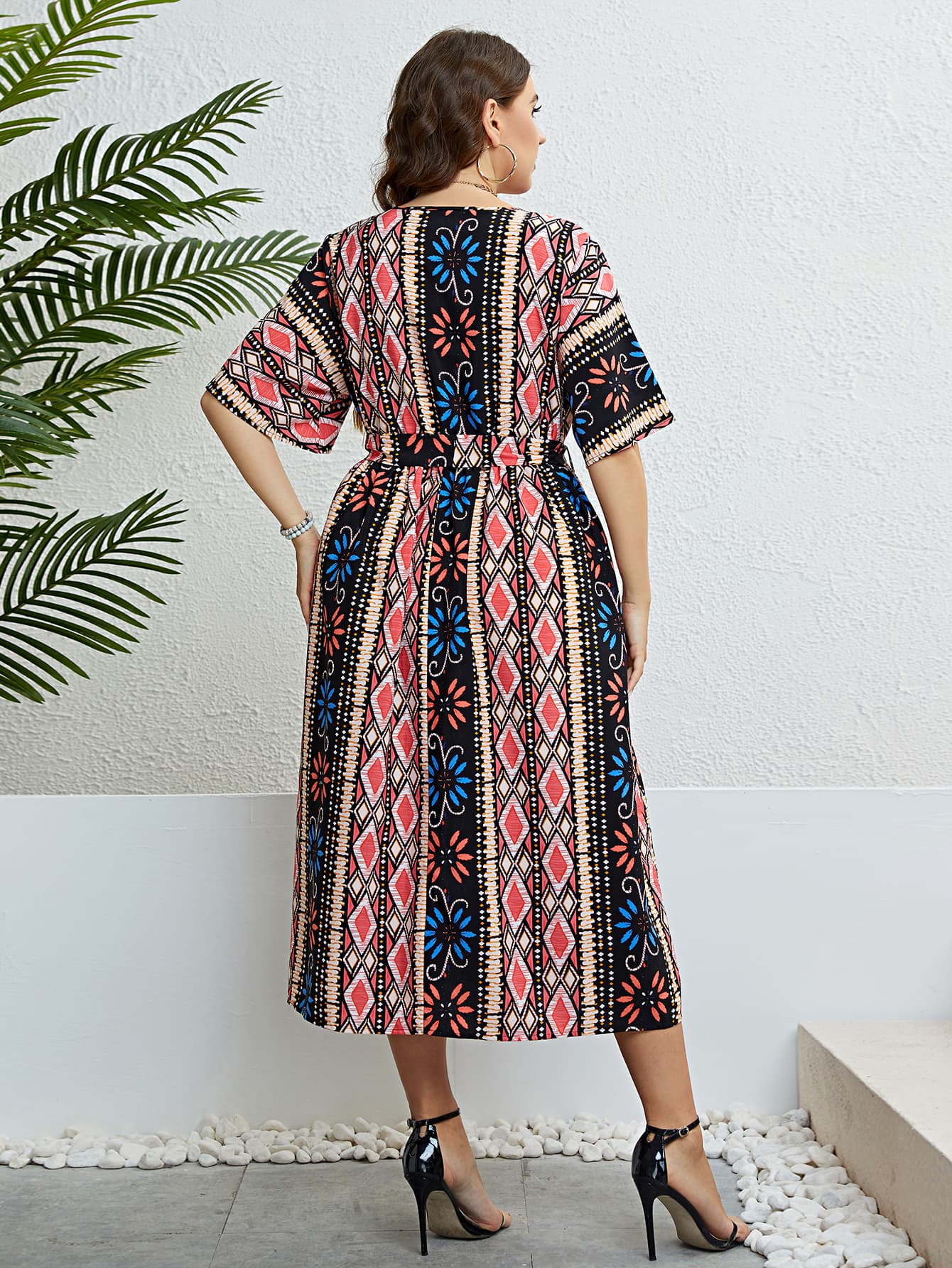 Honey Plus Size Bohemian V-Neck Tie Belt Midi Dress 