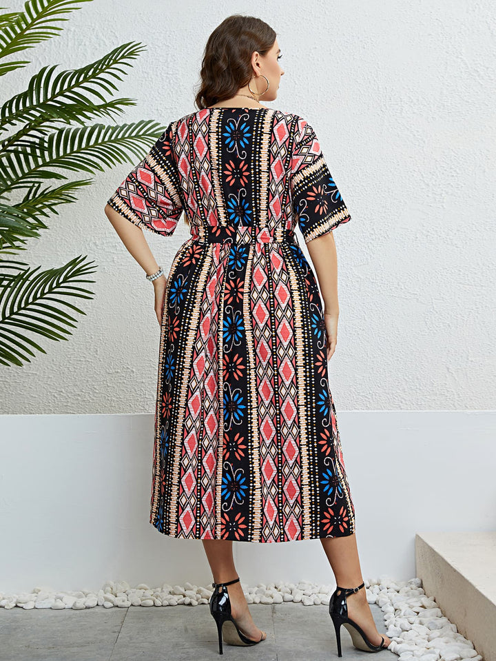 Honey Plus Size Bohemian V-Neck Tie Belt Midi Dress 