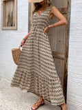 Perfee Printed V-Neck Tie Waist Midi Dress 