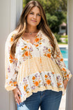 Plus Size Printed Tie Neck Long Sleeve Blouse 
