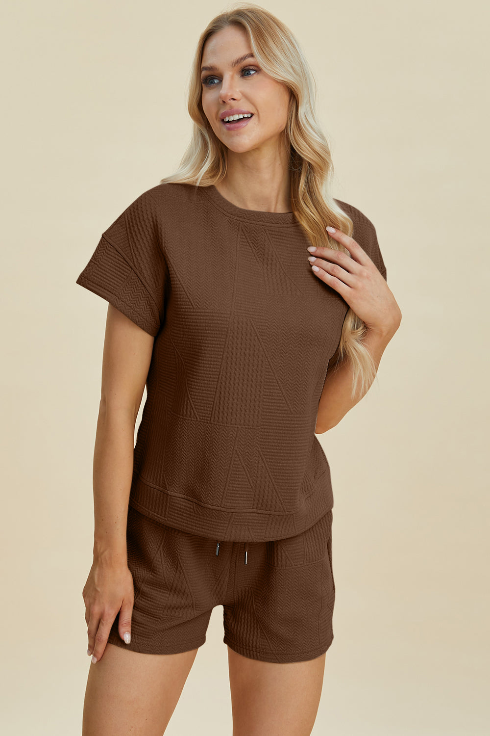 Double Take Full Size Texture Short Sleeve Top and Shorts Set 