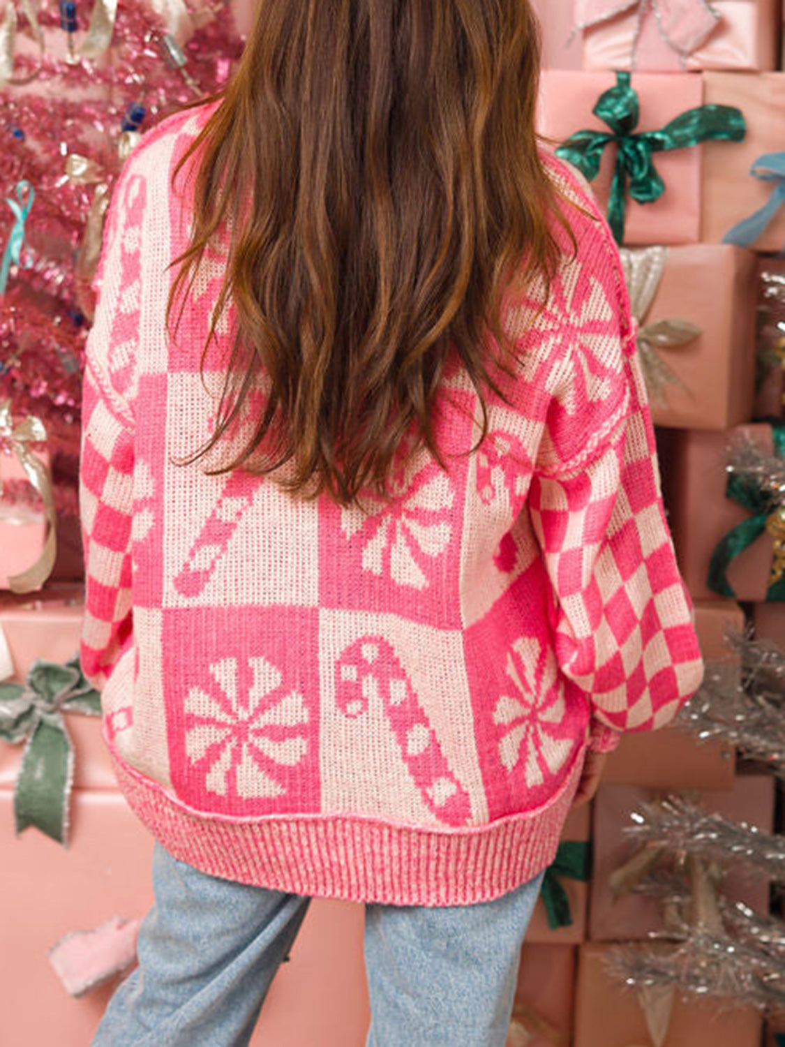 Candy Cane Round Neck Long Sleeve Sweater 