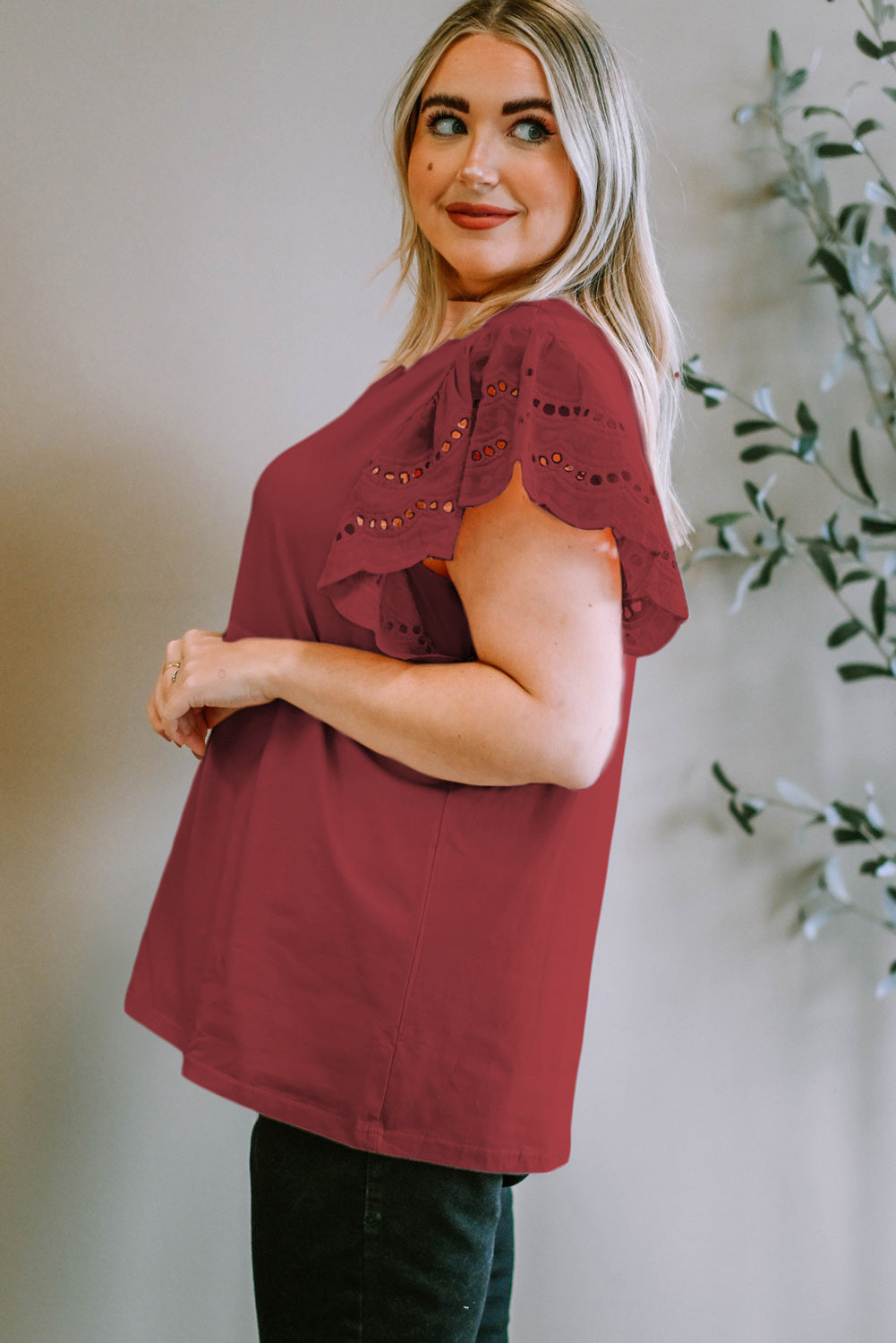 Plus Size Eyelet Round Neck Short Sleeve Blouse 