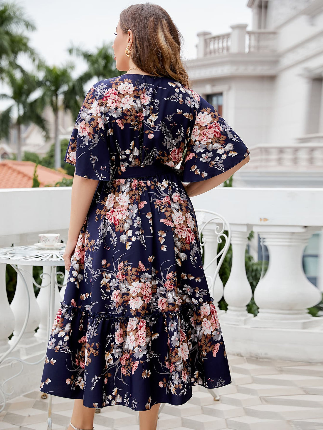 Honey Plus Size Floral Surplice Neck Midi Dress 