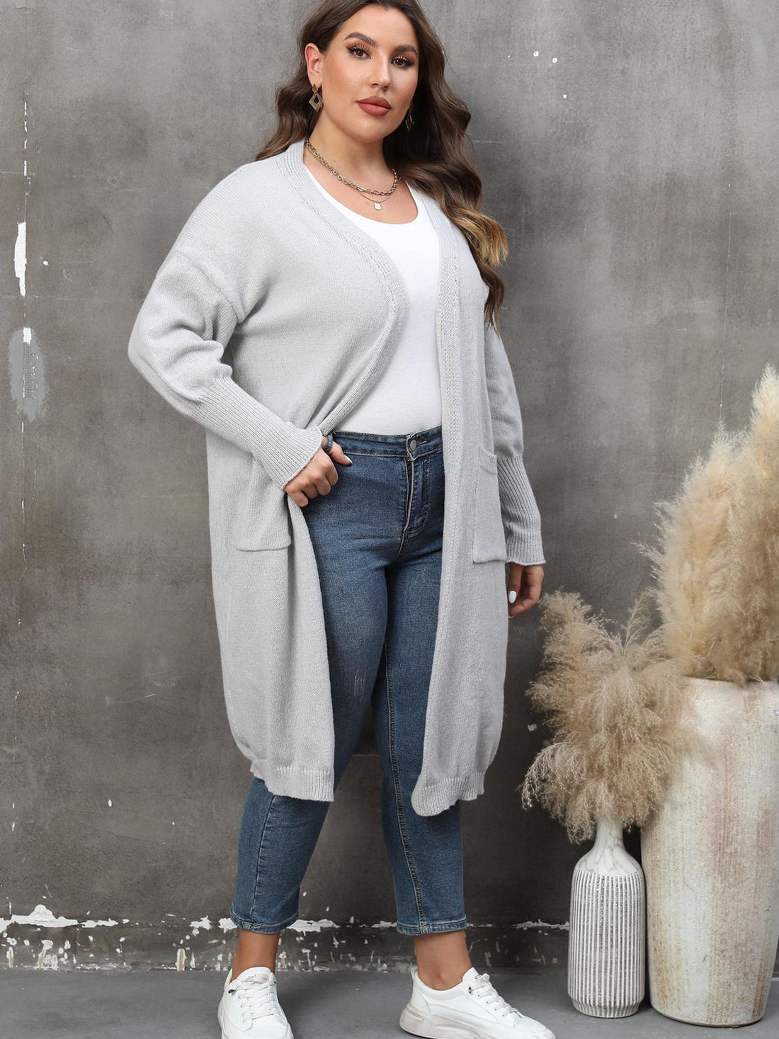 Plus Size Long Sleeve Pocketed Cardigan 