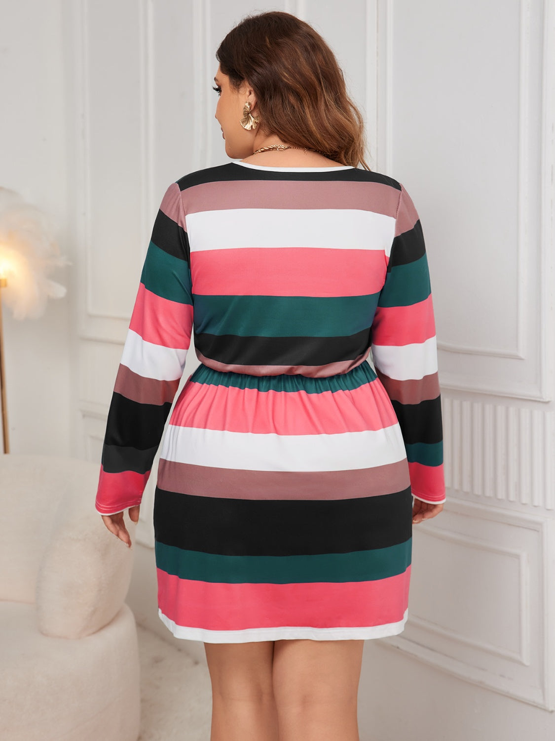 Honey Plus Size Striped V-Neck Long Sleeve Mini Dress 