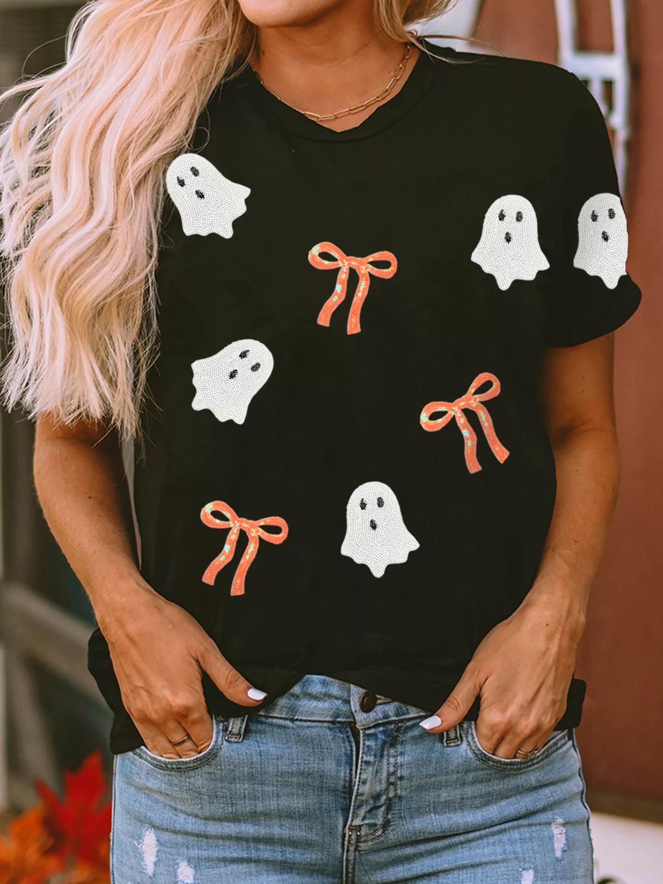 Halloween Ghost Bow Sequin Patched Drop Shoulder Sweatshirt 