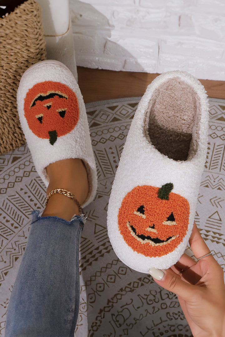 White Halloween Pumpkin Print Plush Slippers (Runs Small, Size Up) Shoes & Bags/Slippers