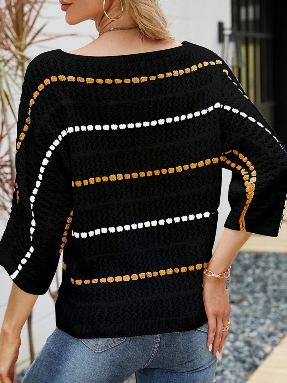 Eyelet Striped Round Neck Knit Top 