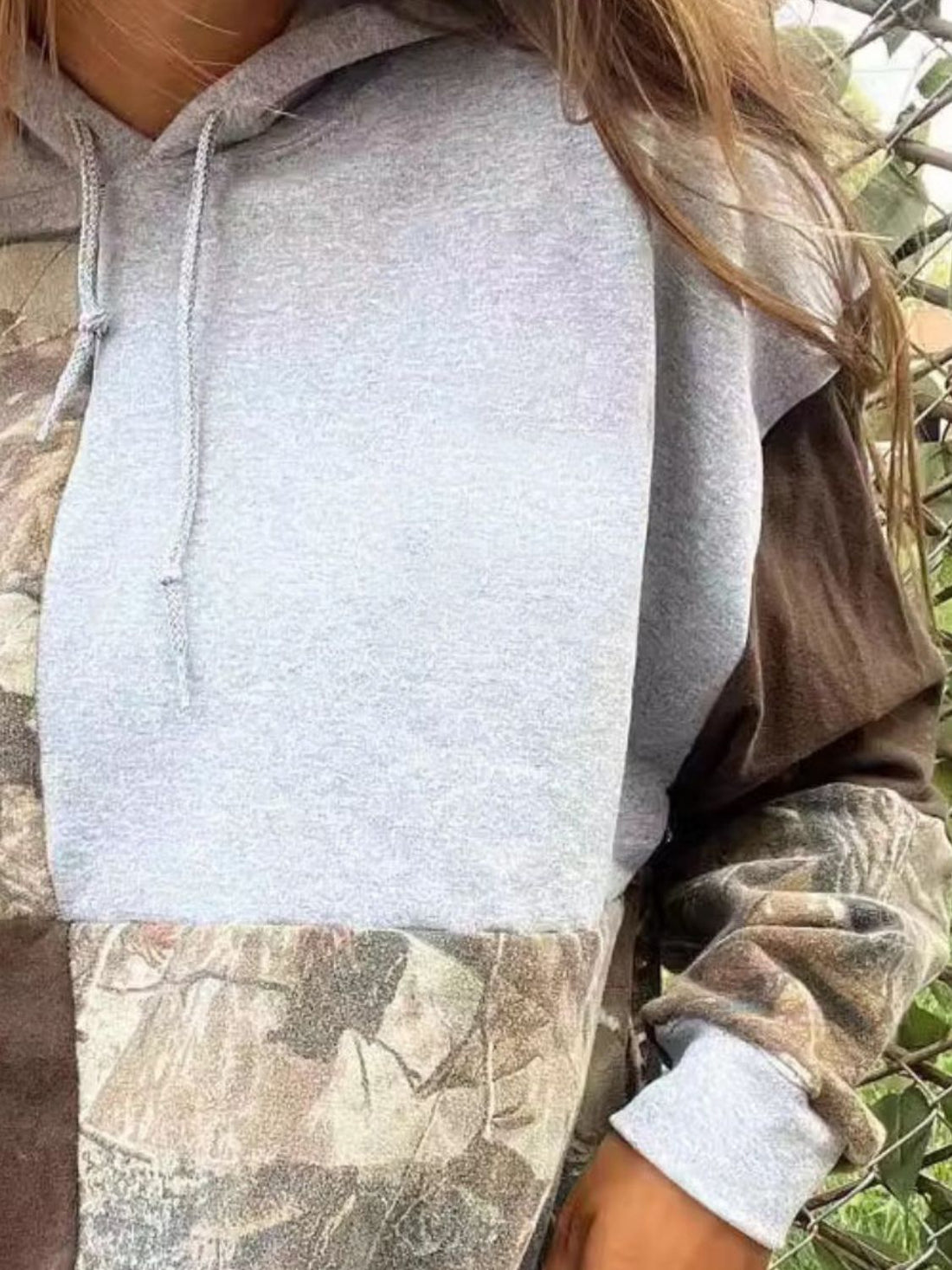 Full Size Drawstring Patchwork Long Sleeve Hoodie 