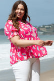 Plus Size Ruffled Printed Notched Short Sleeve Blouse 