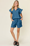Double Take Full Size Texture Flounce Sleeve Top and Drawstring Shorts Set 