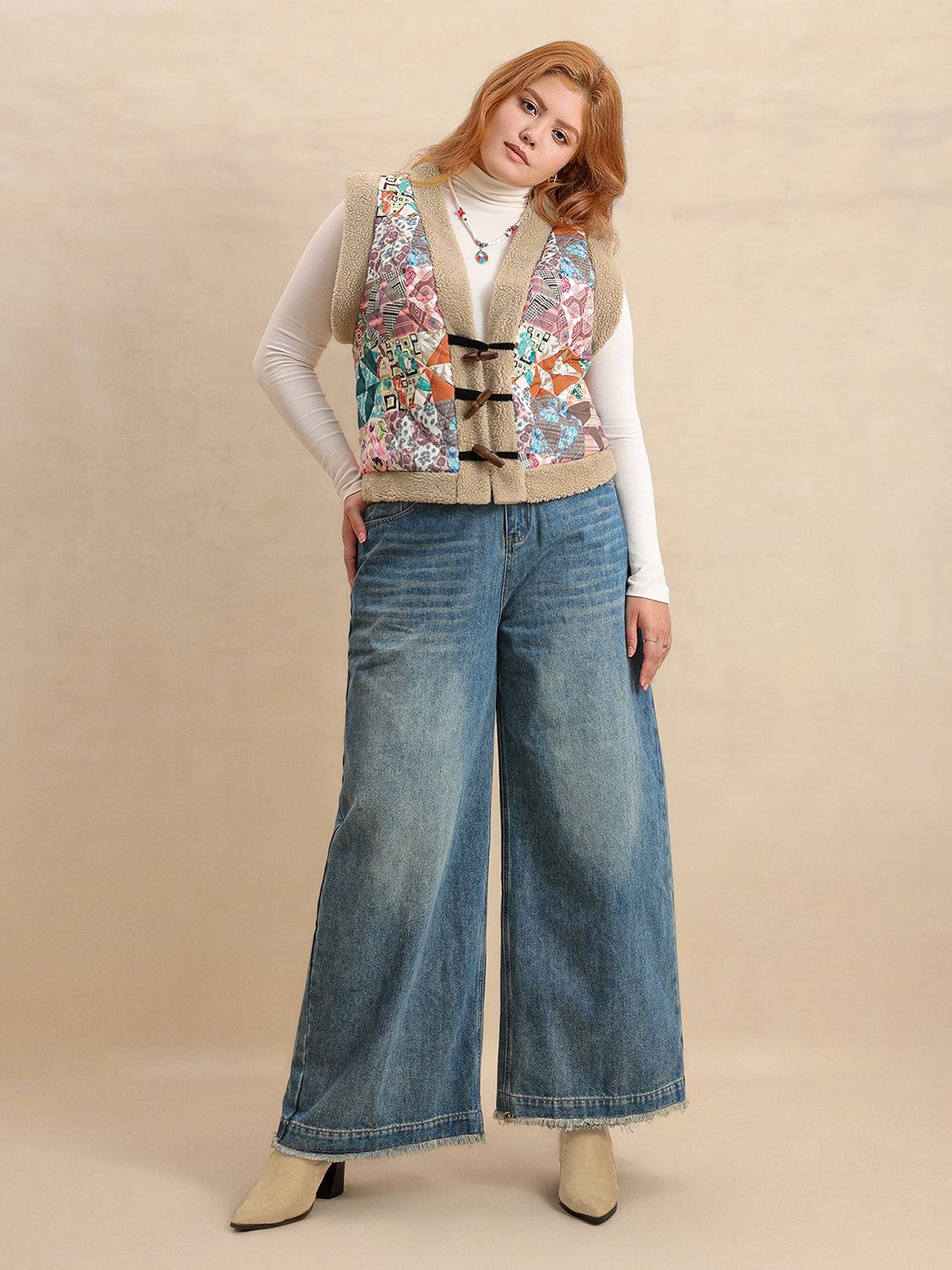 Plus Size Printed Sherpa Vest Coat 