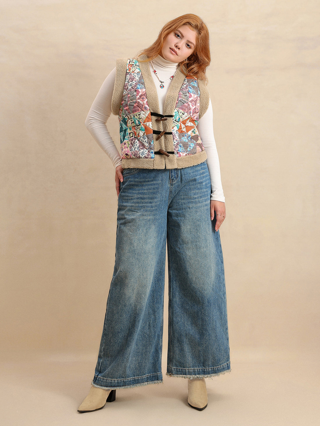 Plus Size Printed Sherpa Vest Coat 