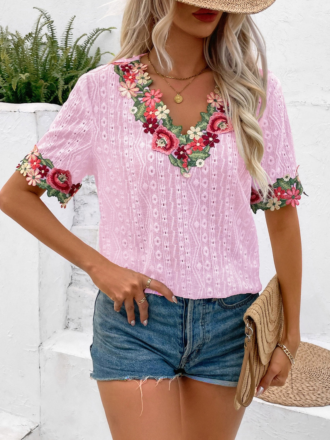 Ivy Lane Eyelet Embroidered V-Neck Short Sleeve Blouse 