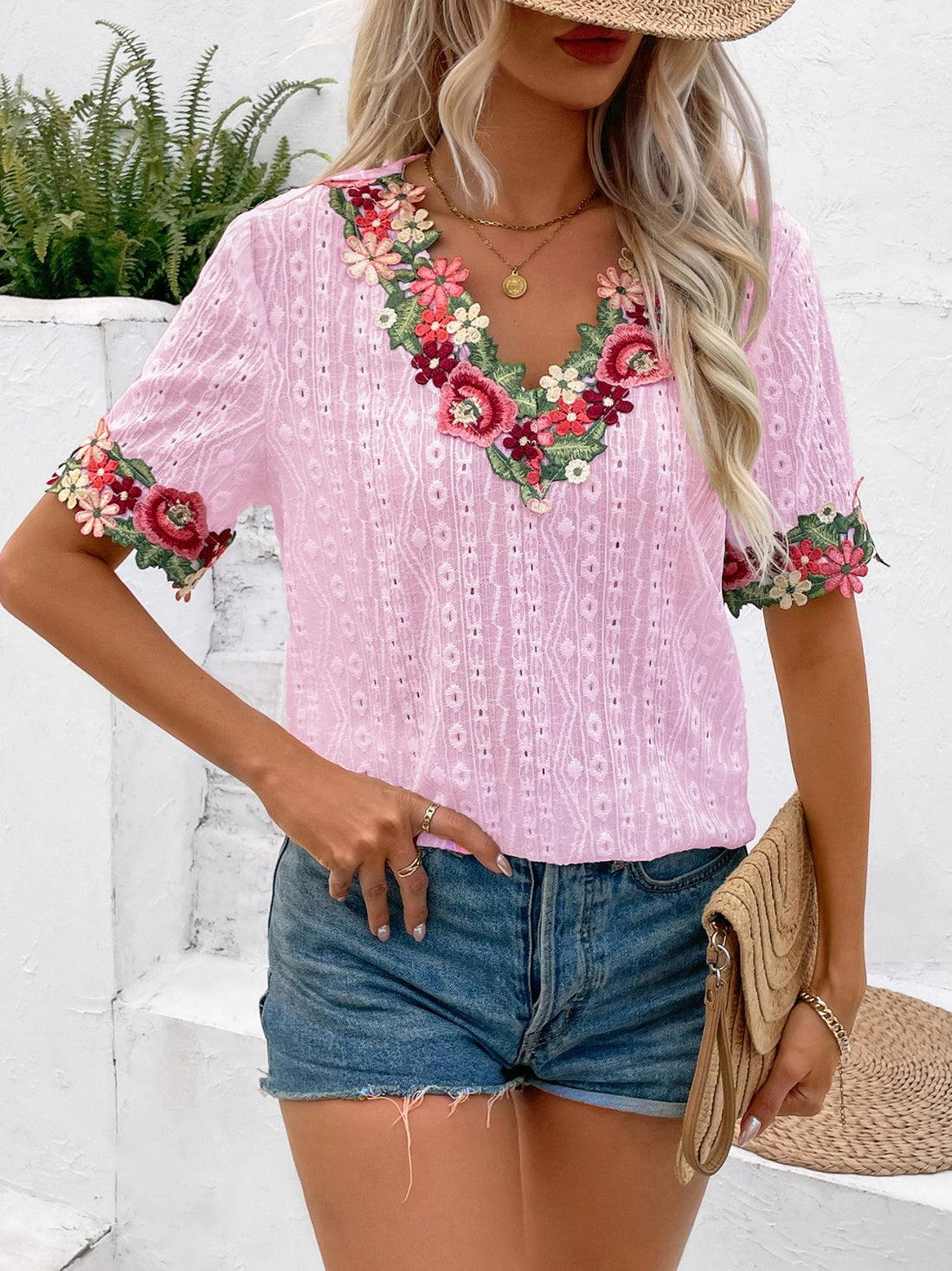 Ivy Lane Eyelet Embroidered V-Neck Short Sleeve Blouse 