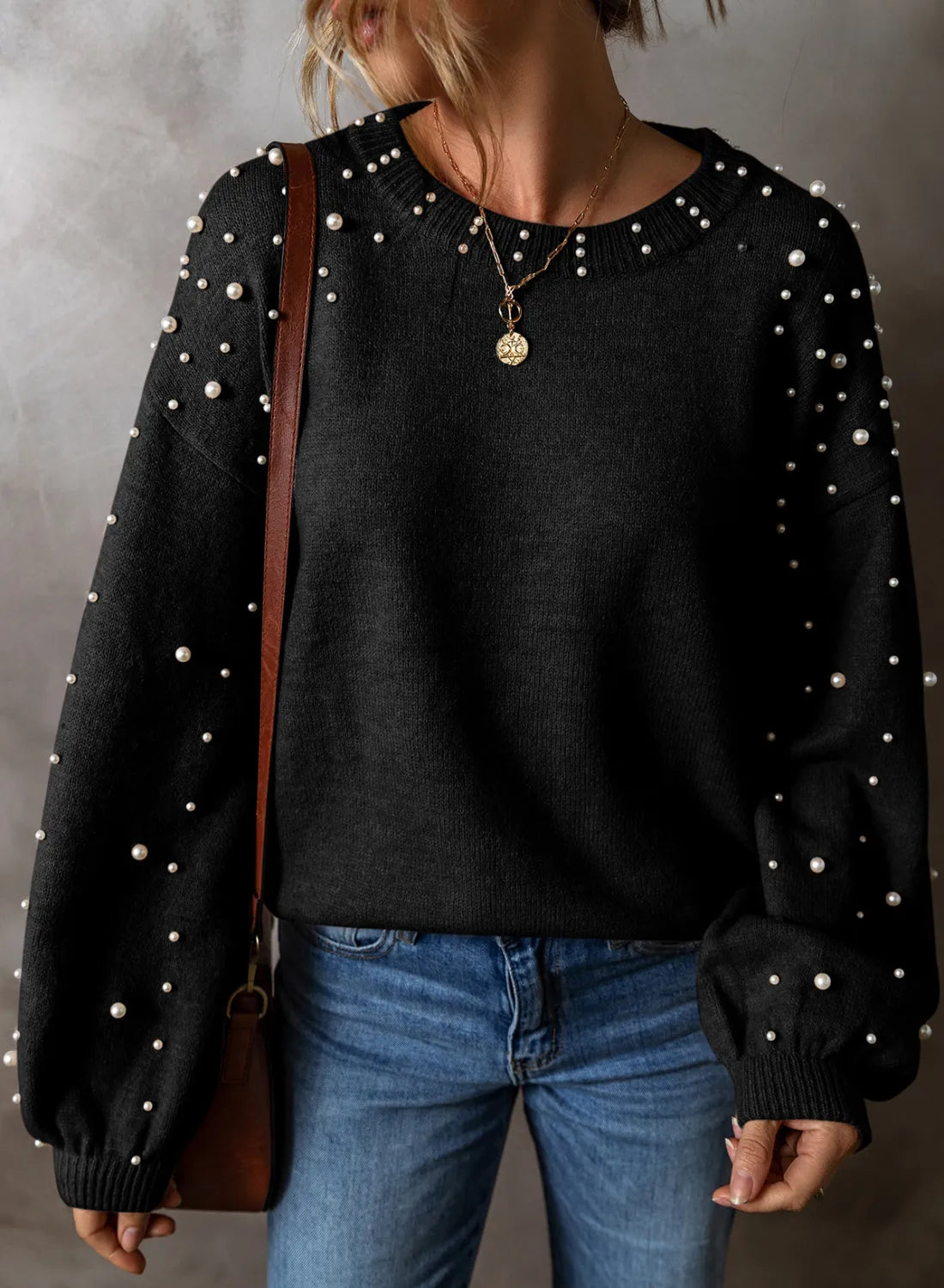 Pearl Detail Round Neck Long Sleeve Sweater 