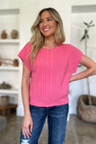 Double Take Full Size Cable-Knit Round Neck Short Sleeve Sweater 