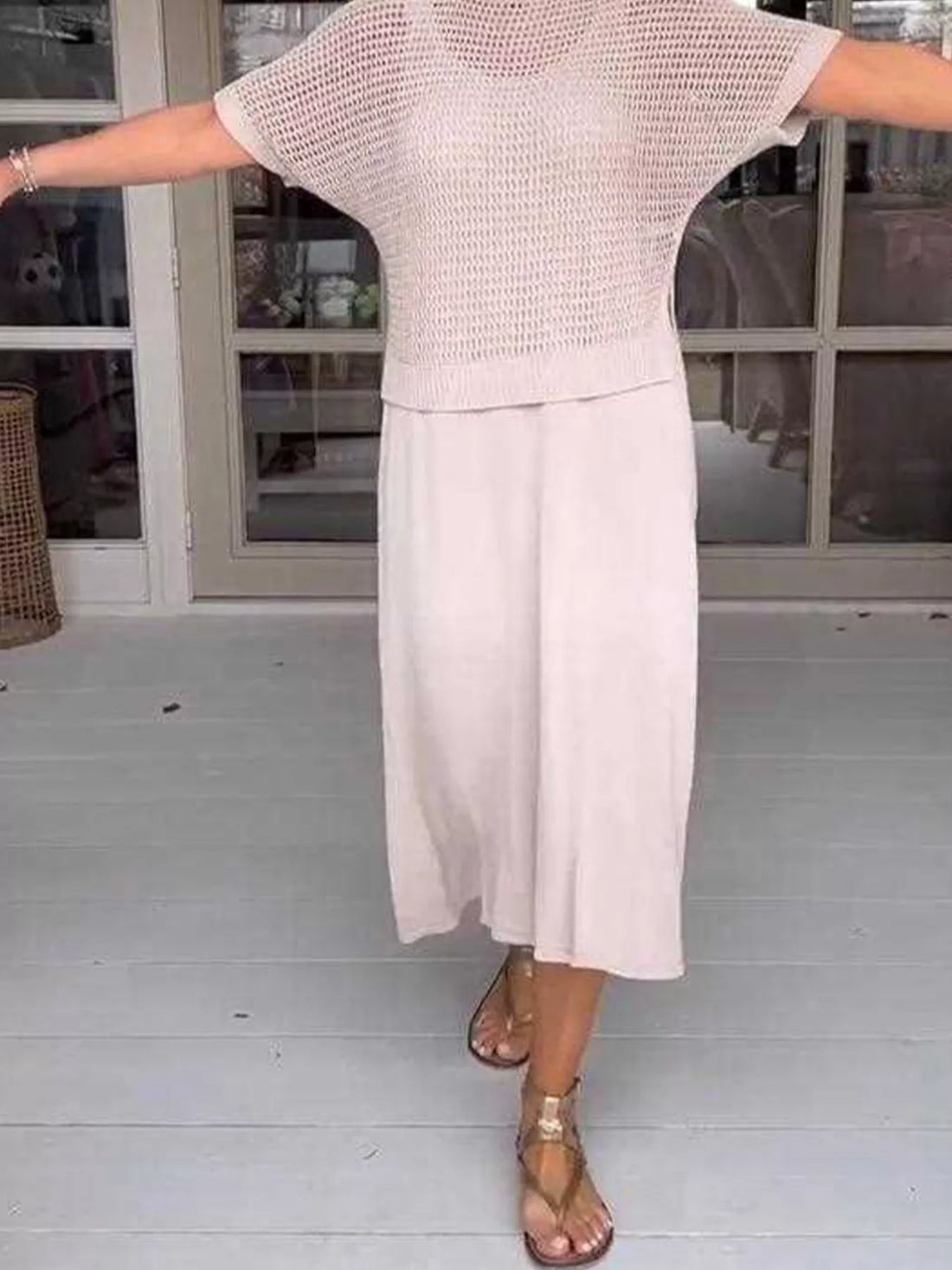 Full Size Openwork Knit Cover Up and Dress Set Plus Size Two Piece Dresses